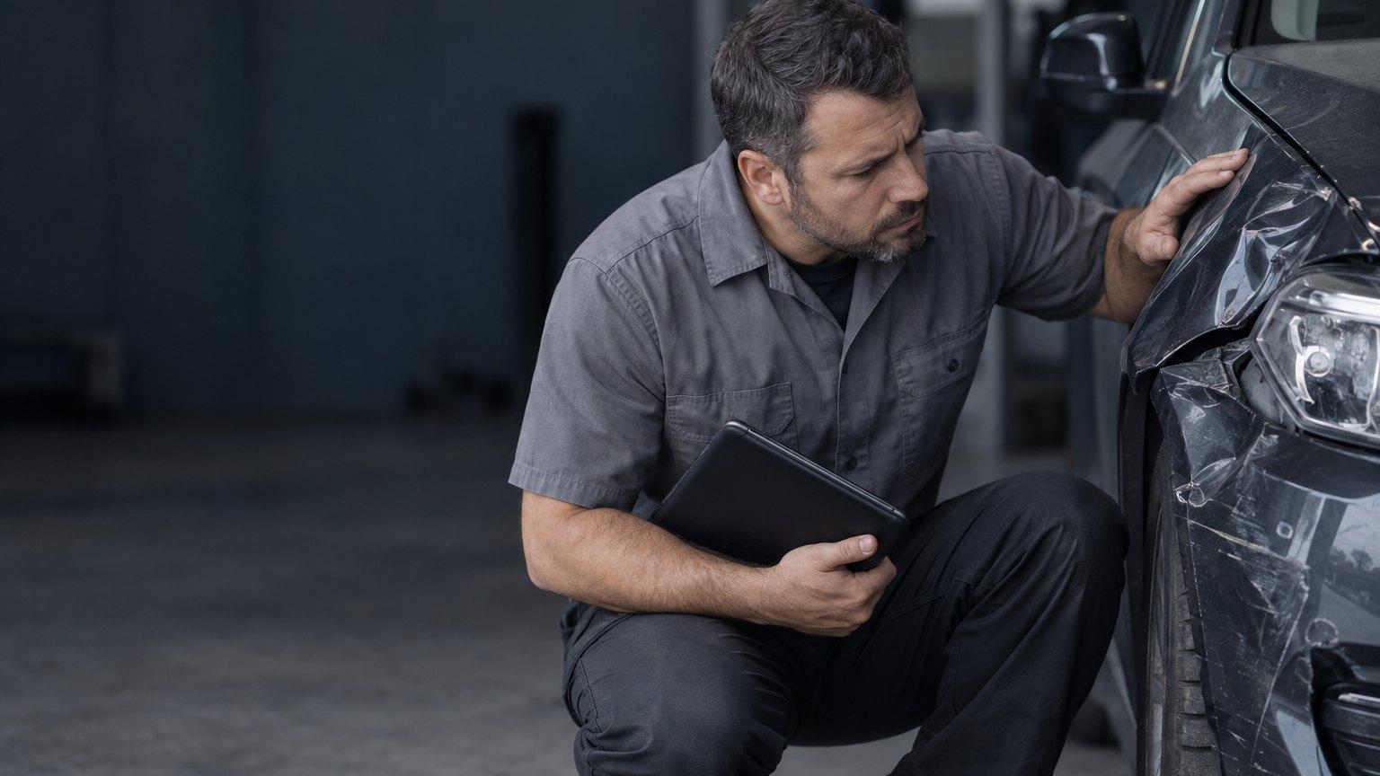 An estimator in a grey work shirt writes an estimate on a tablet at the crumpled front of a damaged car, with a printed repair procedure on the bench beside him